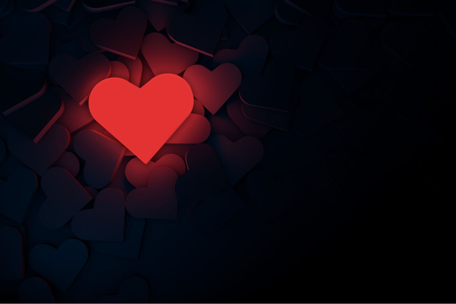 A red heart is surrounded by other hearts on a black background.