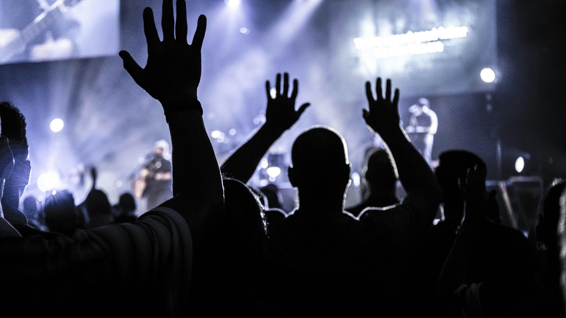 People with raised arms at a concert, silhouetted against a stage with band.