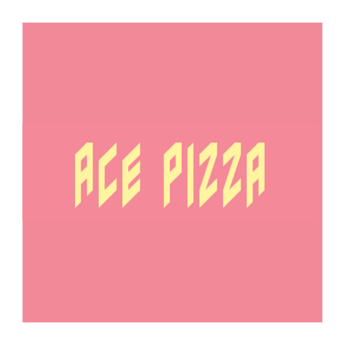 Ace Pizza logo on a pink background, yellow block letters.