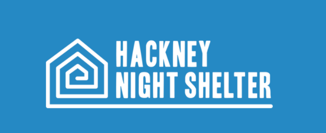 Hackney Night Shelter logo with a house-shaped graphic and text on a blue background.