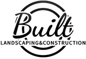 Logo with "Built" in script font, and "LANDSCAPING & CONSTRUCTION" below inside a double circle.