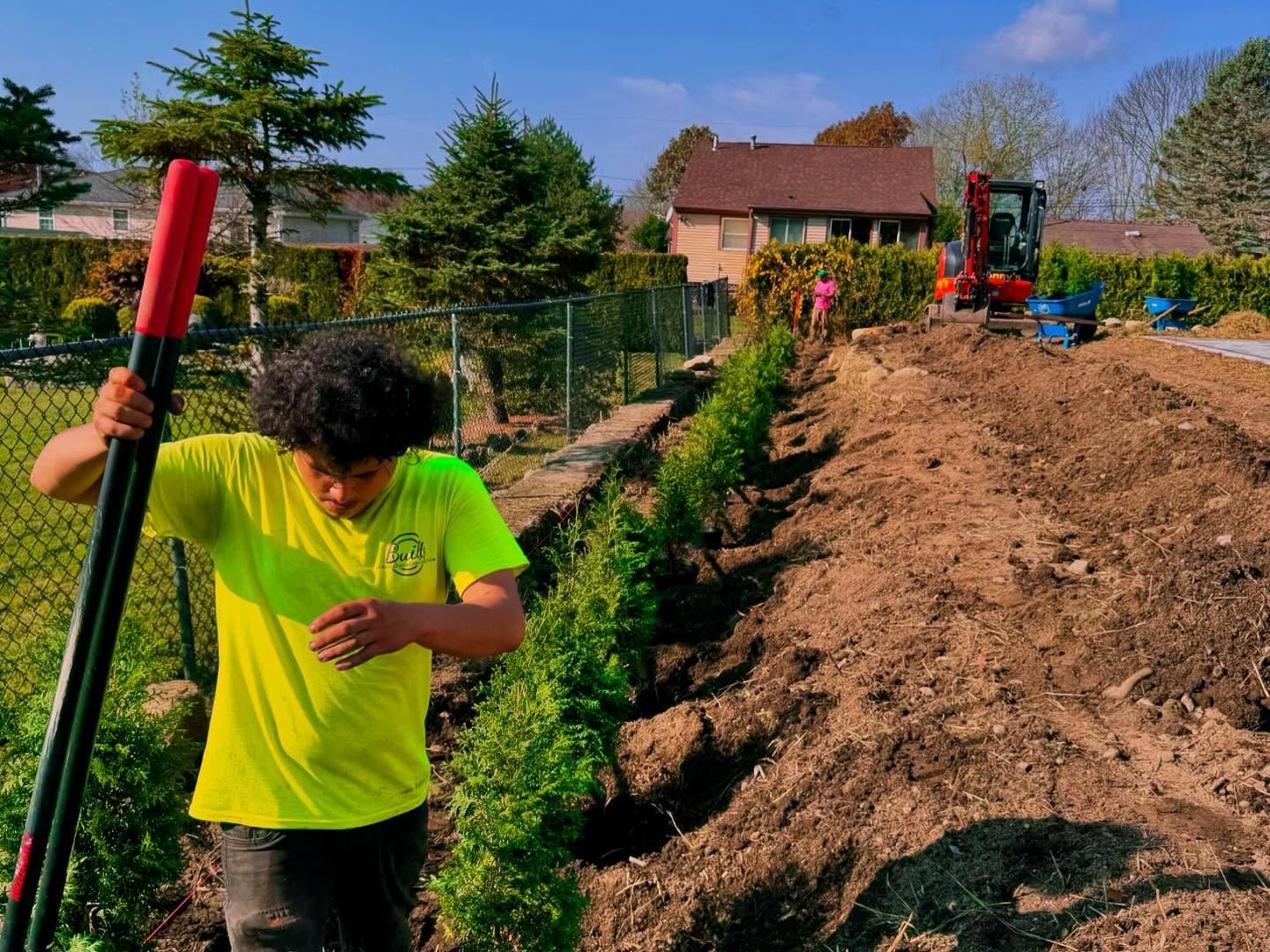 A young man in a yellow shirt works on a landscaping project with trees and equipment in a sunny yard.