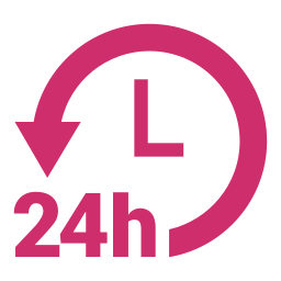 A pink 24h icon with an arrow pointing down