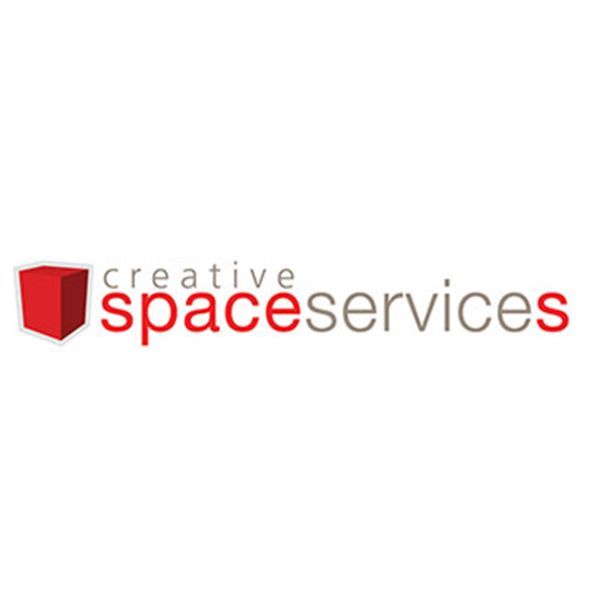 A red and white logo for creative space services