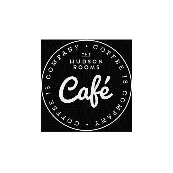 A black and white logo for the hudson rooms cafe