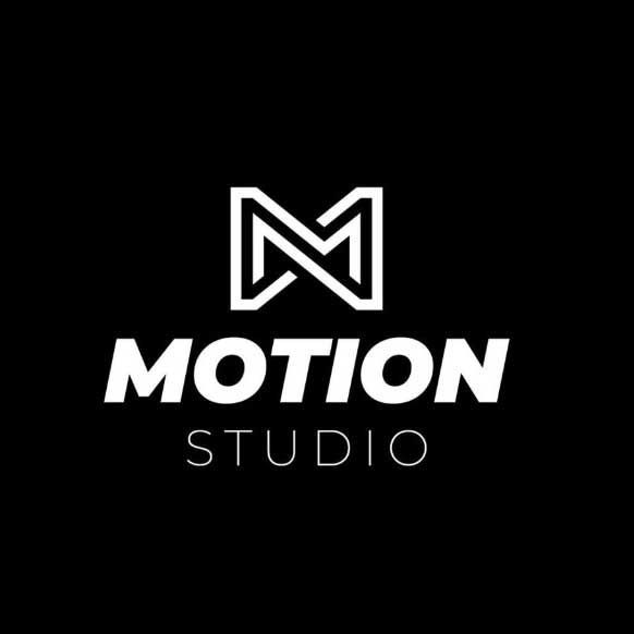 A logo for a motion studio with a letter m on a black background.