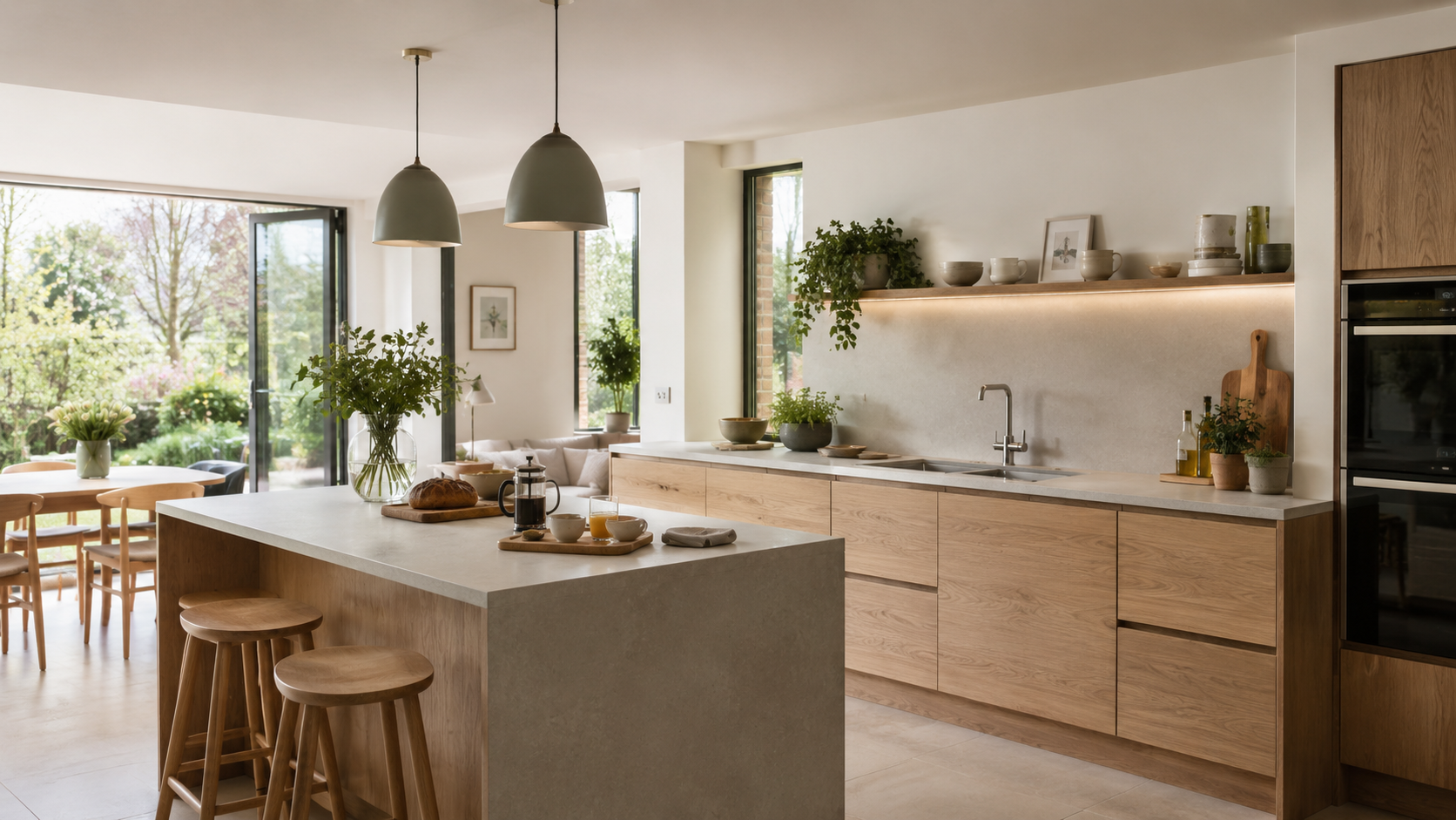 Modern kitchen and dining area with wood cabinets, island stools, pendant lights, and garden view through large windows