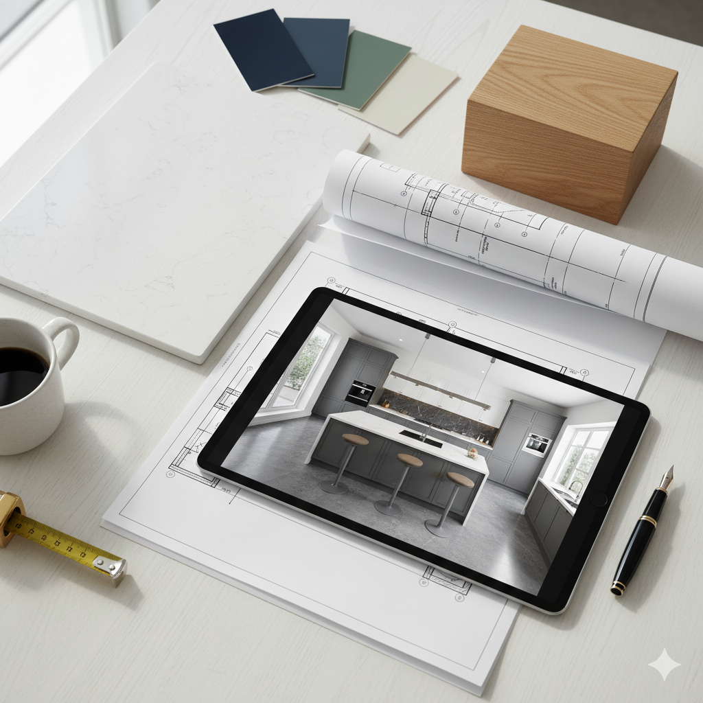 Kitchen design setup: tablet with rendering, paint swatches, blueprints, coffee, measuring tape.