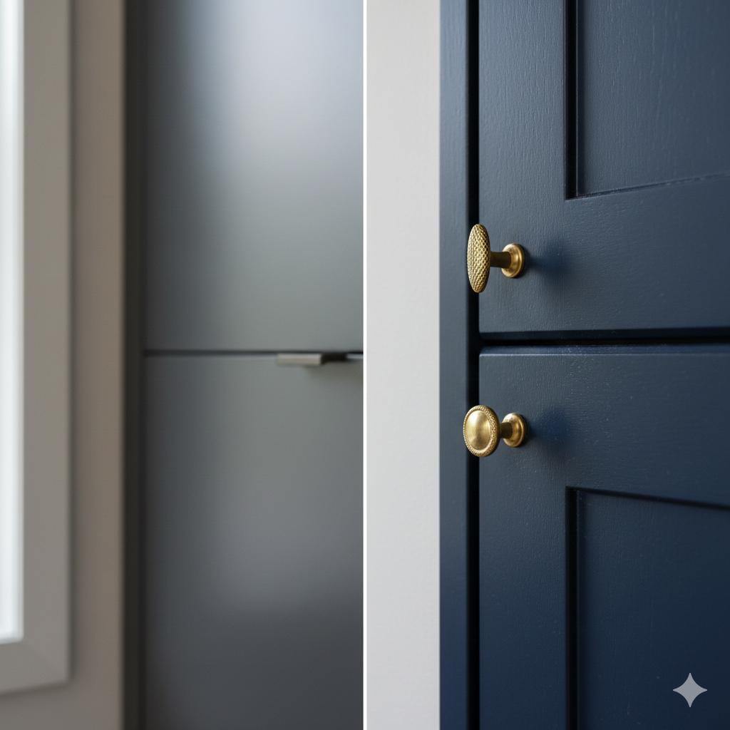 Two cabinet doors: gray with a horizontal bar handle, and dark blue with gold knobs.