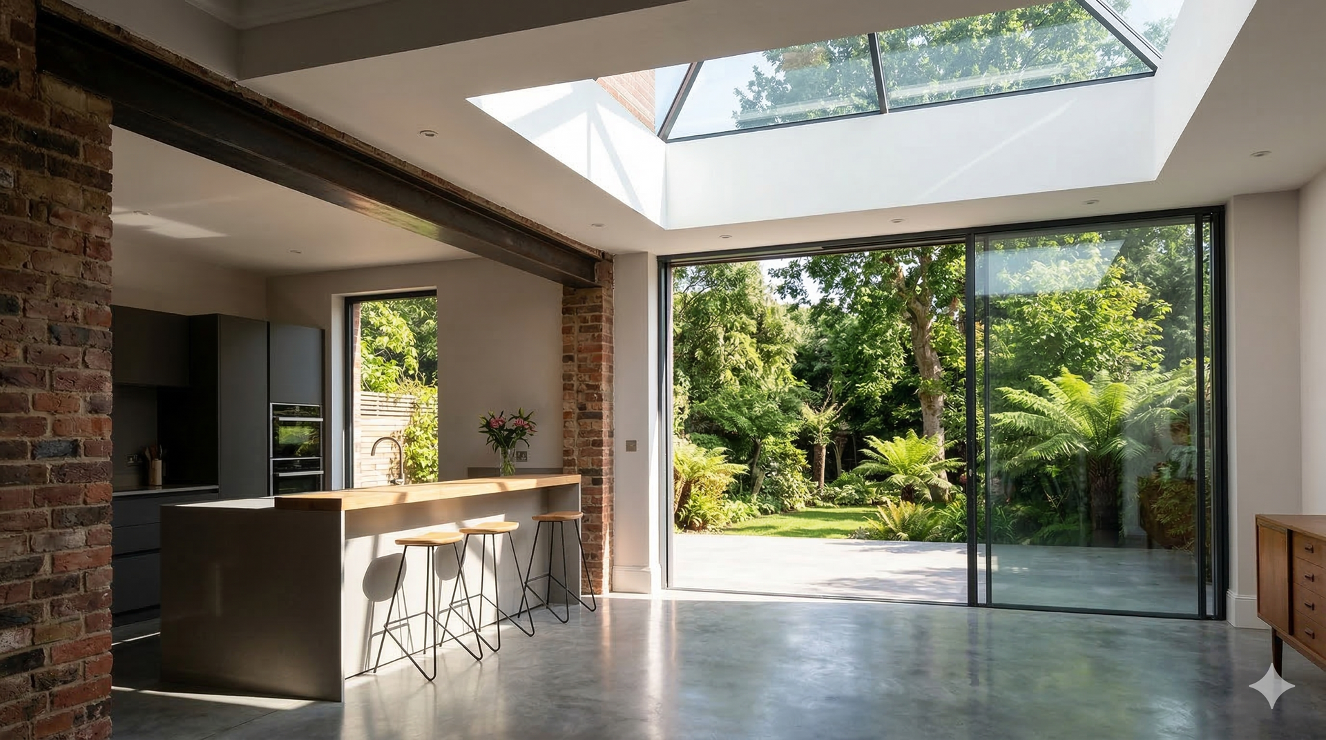 A modern kitchen opens into a lush green garden through large sliding glass doors, featuring a skylight and brick wall.