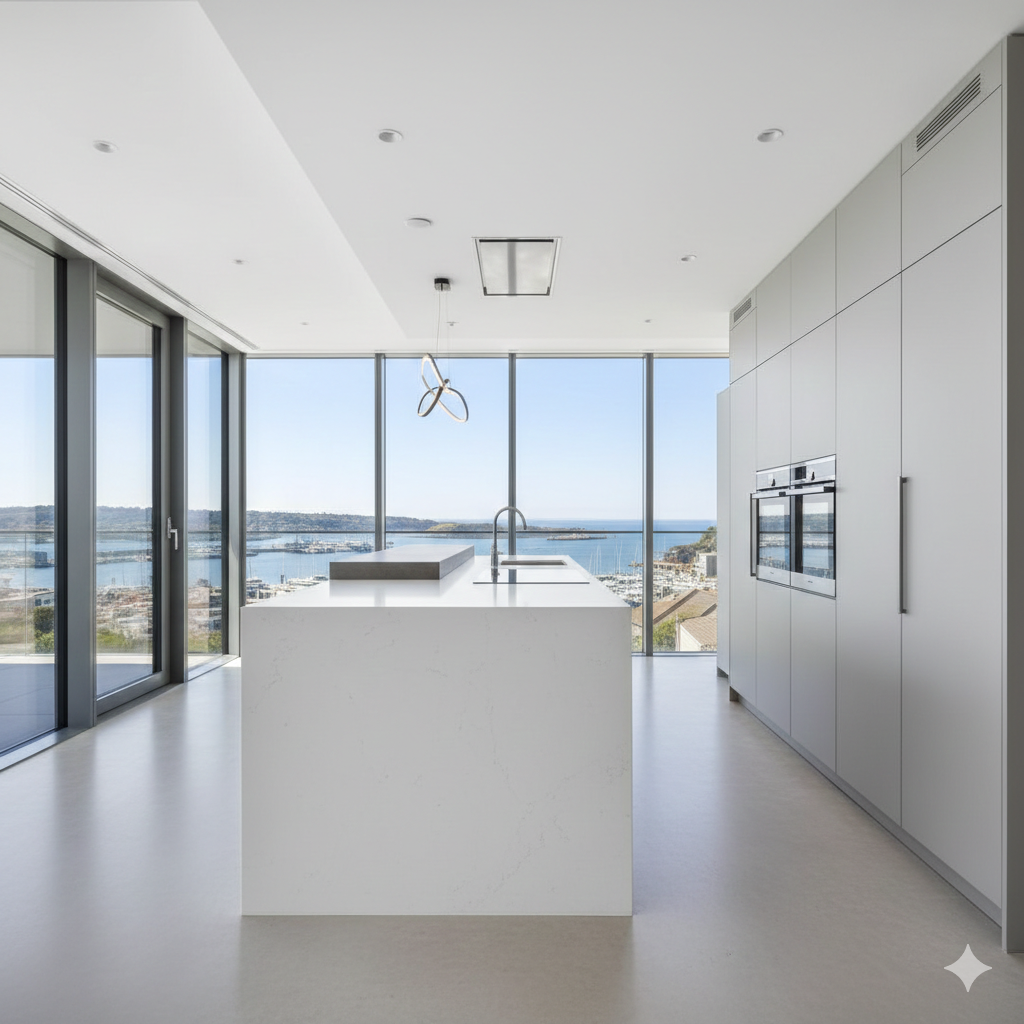 Modern kitchen with white island, cabinets, and ocean view through large windows.