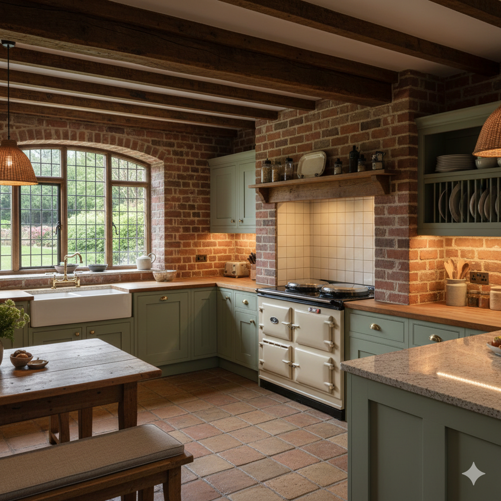 Rustic kitchen with exposed brick walls, green cabinets, and wooden beams.