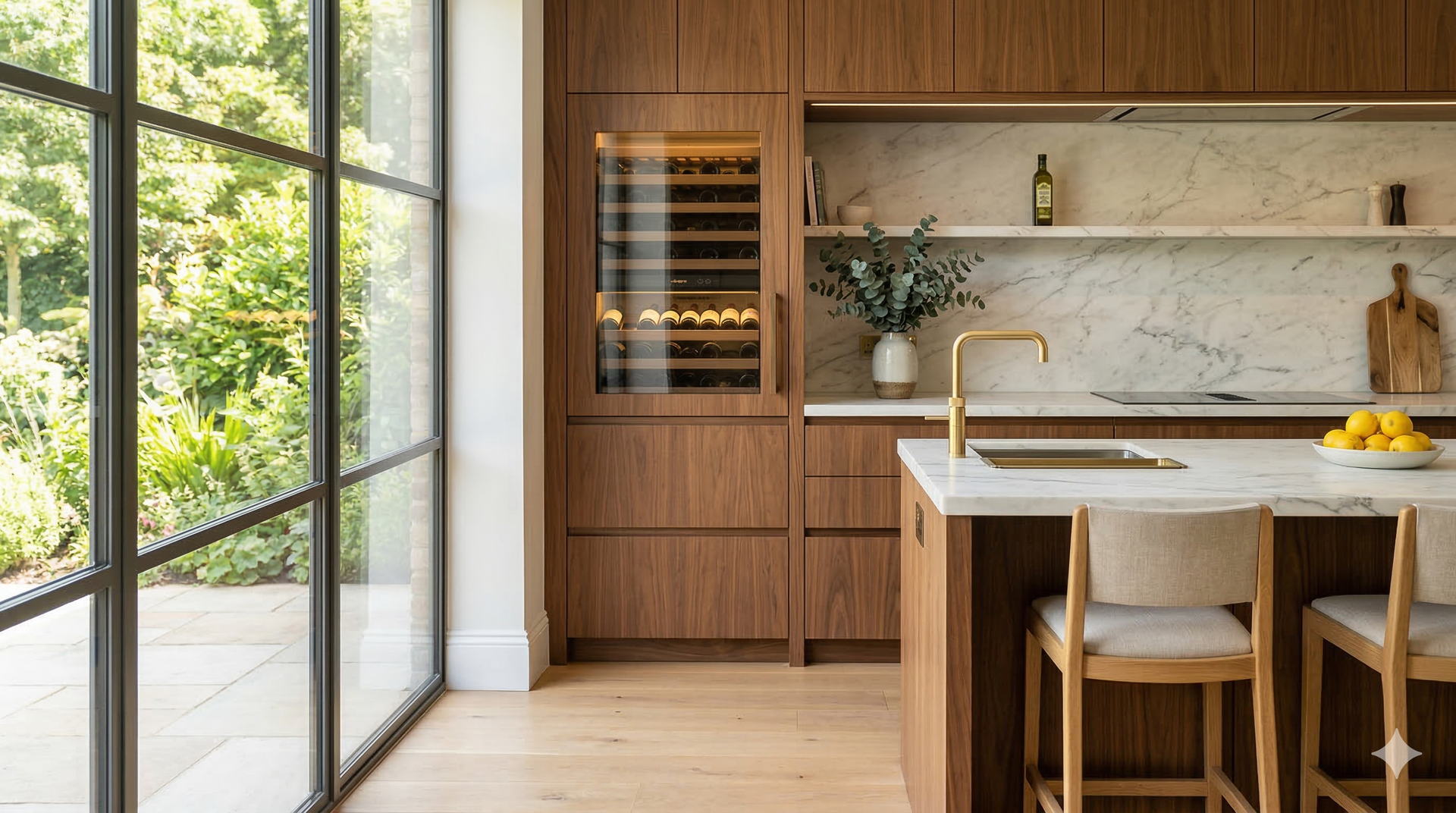 A modern kitchen featuring rich wood cabinetry, marble countertops, a wine fridge, and an island with two wooden stools.