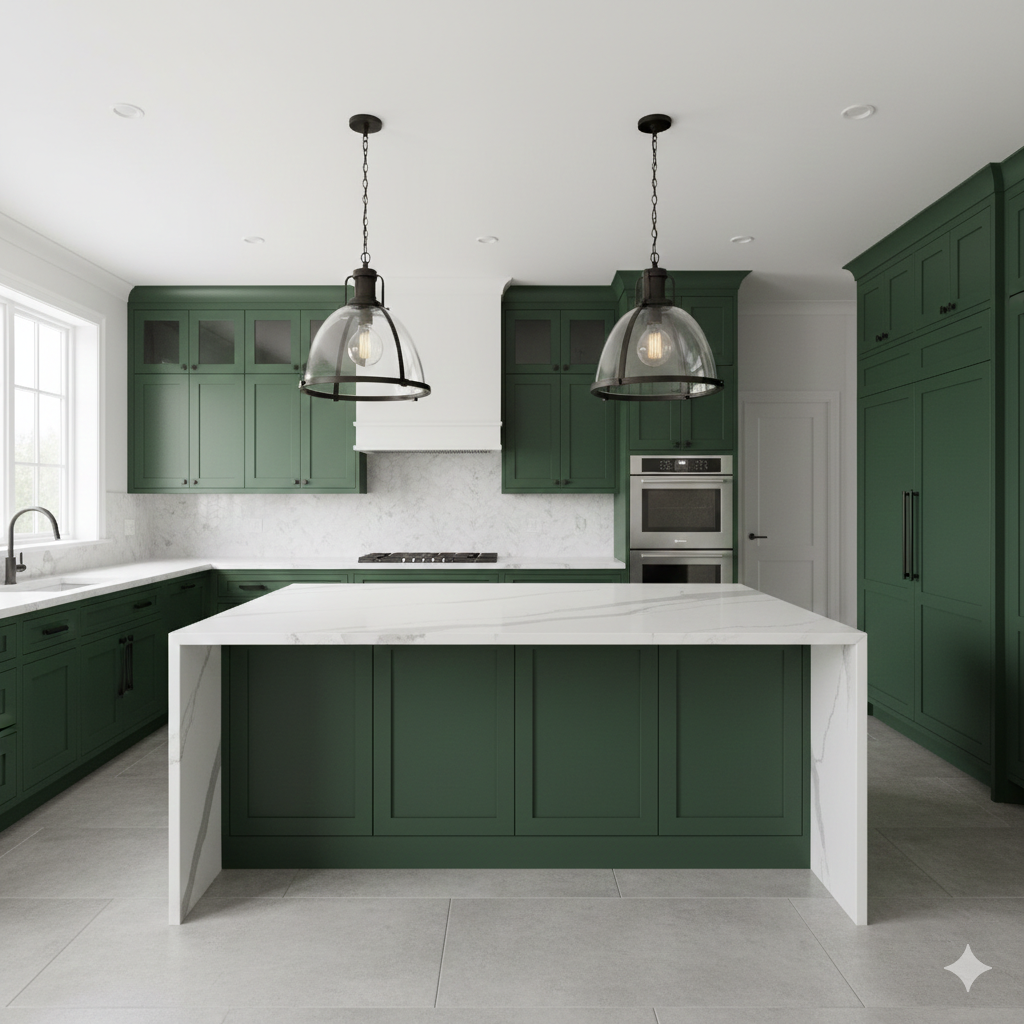 Green kitchen with white countertops and island, two pendant lights, and stainless steel appliances.