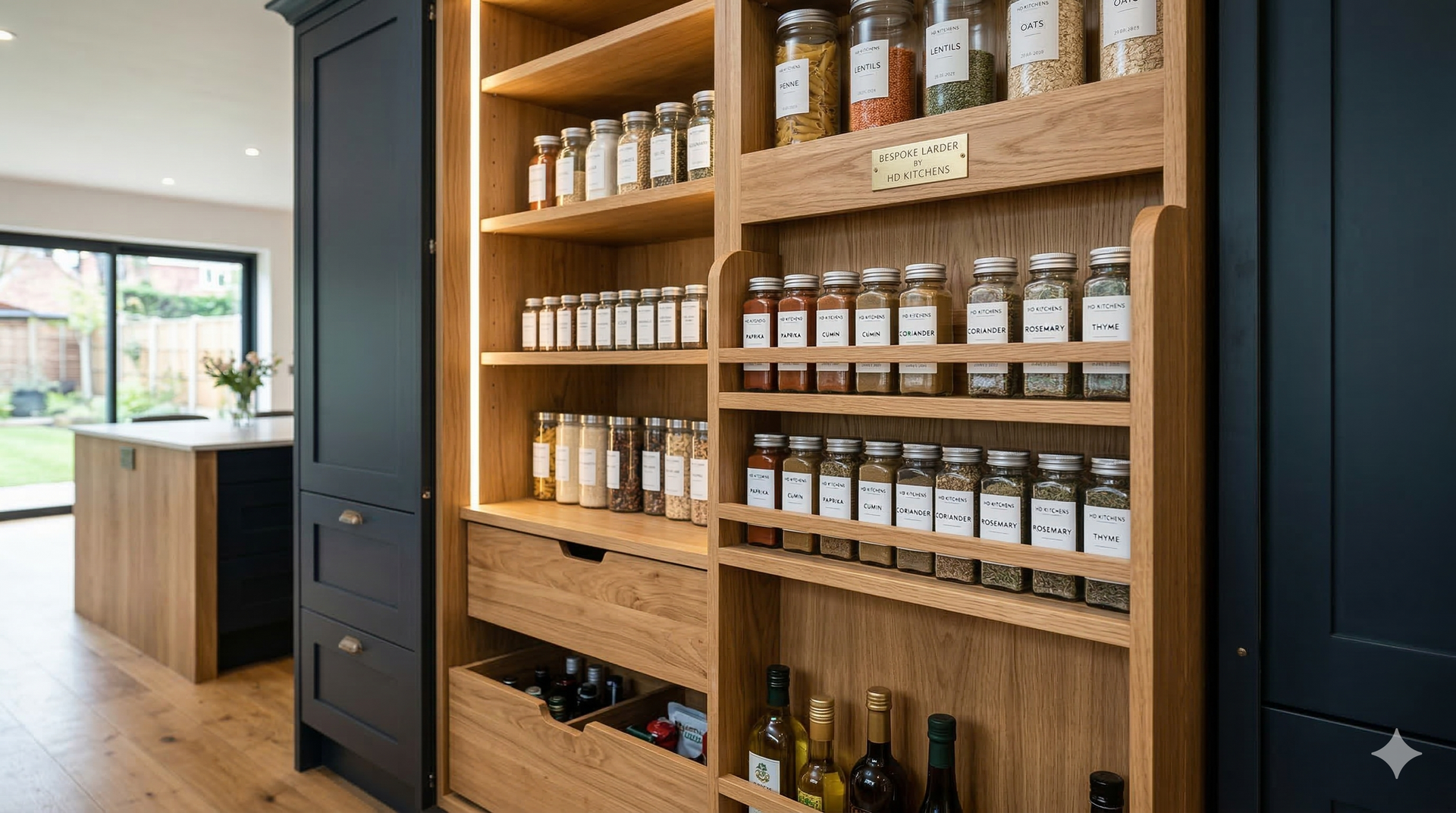 A kitchen pantry with dark blue cabinets, featuring organized wooden shelves filled with spices, jars, and bottles.