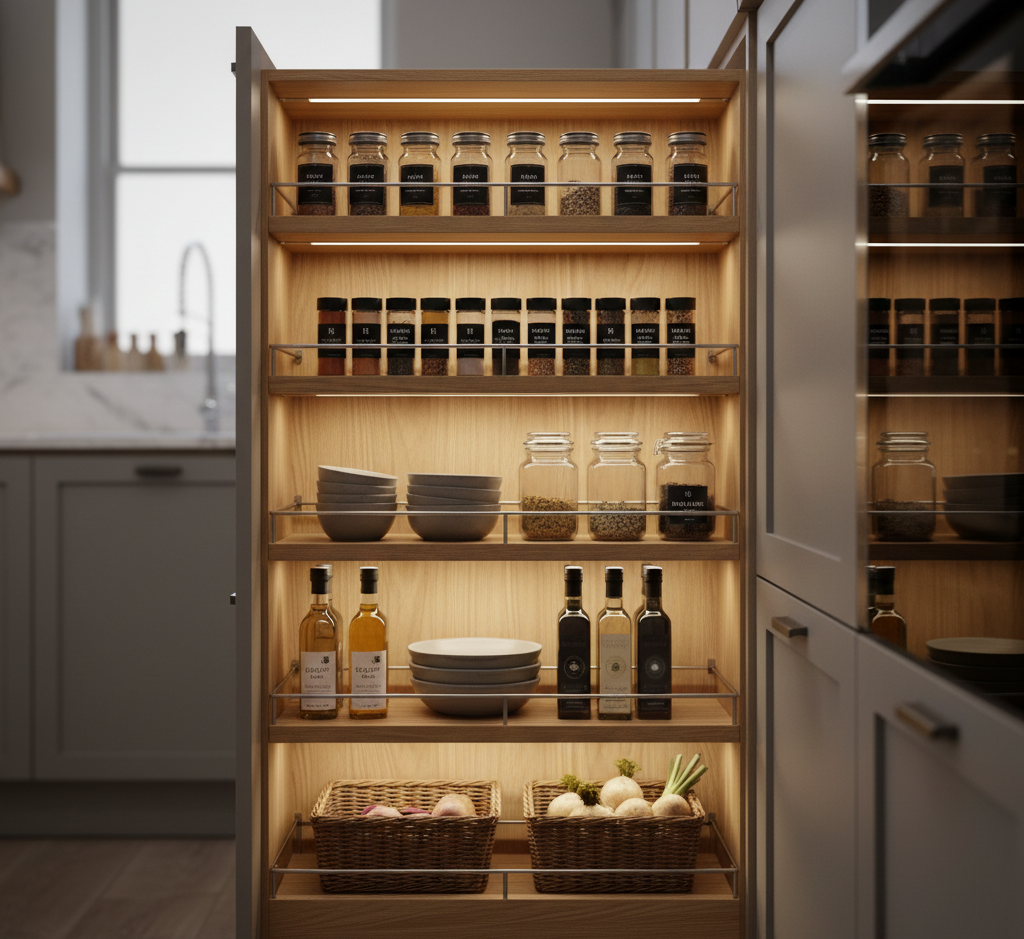 Pull-out pantry with wooden shelves, lit, filled with spice jars, bowls, bottles, and baskets of produce; kitchen setting.