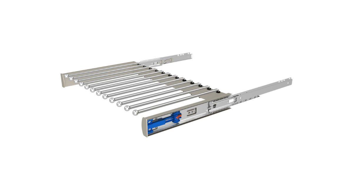 A metal shelf with a bunch of chains on it on a white background.