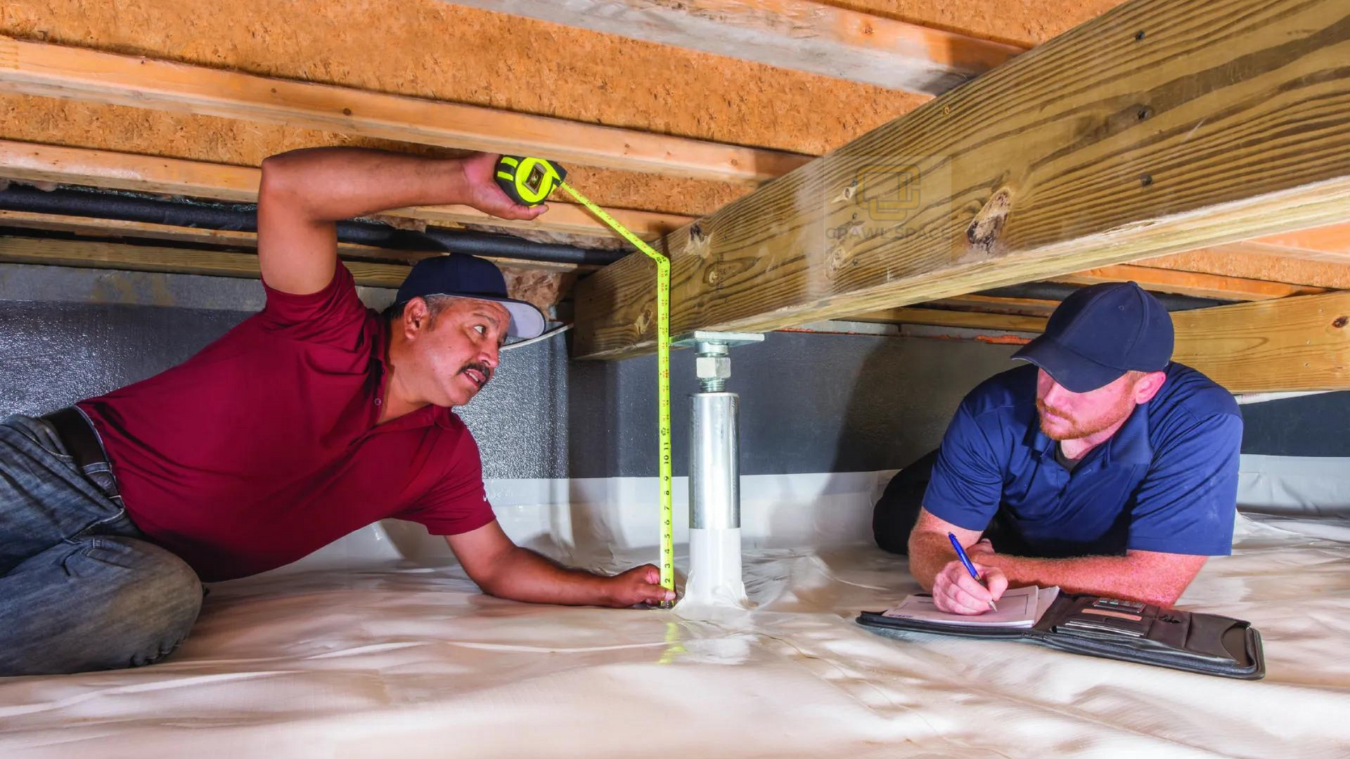 Two men are measuring a basement with a tape measure.