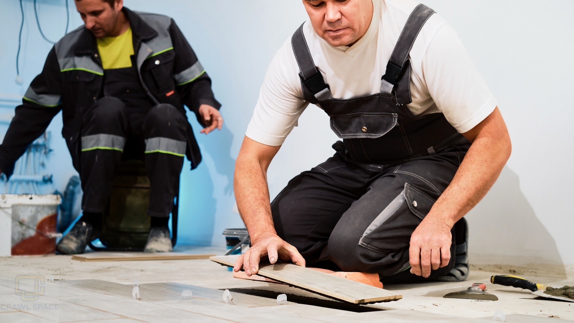 Two men are working on a tile floor.