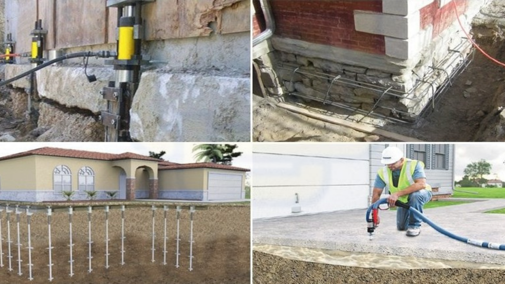 A collage of pictures showing a man working on a house