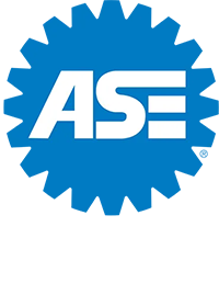 Blue ASE logo, a gear-shaped outline, with