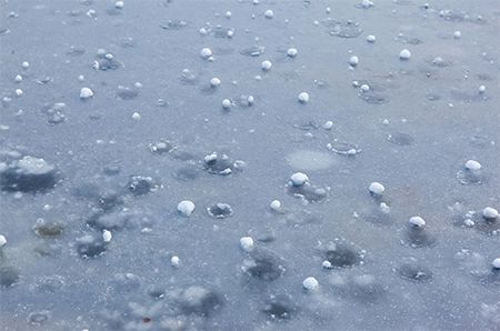 Frozen lake surface with small, icy mounds scattered across the blue-gray ice.