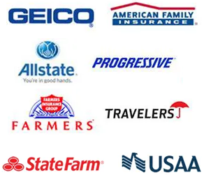 Logos of insurance companies including GEICO, Allstate, Progressive, Farmers, State Farm, USAA, American Family.