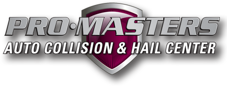Pro Masters Auto Collision & Hail Center logo with a shield. Gray text on a white background.