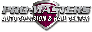 Pro-Masters Auto Collision & Hail Center logo with a shield, in shades of silver and burgundy.