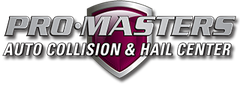 Logo for Pro-Masters Auto Collision & Hail Center. Features a shield graphic in dark red and gray with the company name.