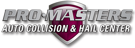 Logo for Pro-Masters Auto Collision & Hail Center. Features a shield graphic in dark red and gray with the company name.