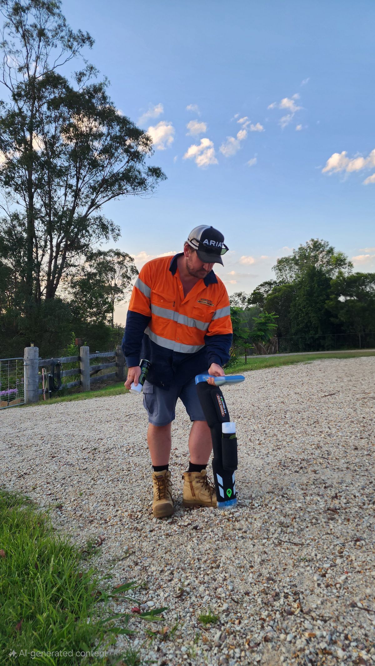A Person in Work Clothes Uses a Device on a Gravel Surface Outdoors — Found It Down Under in Gympie, QLD