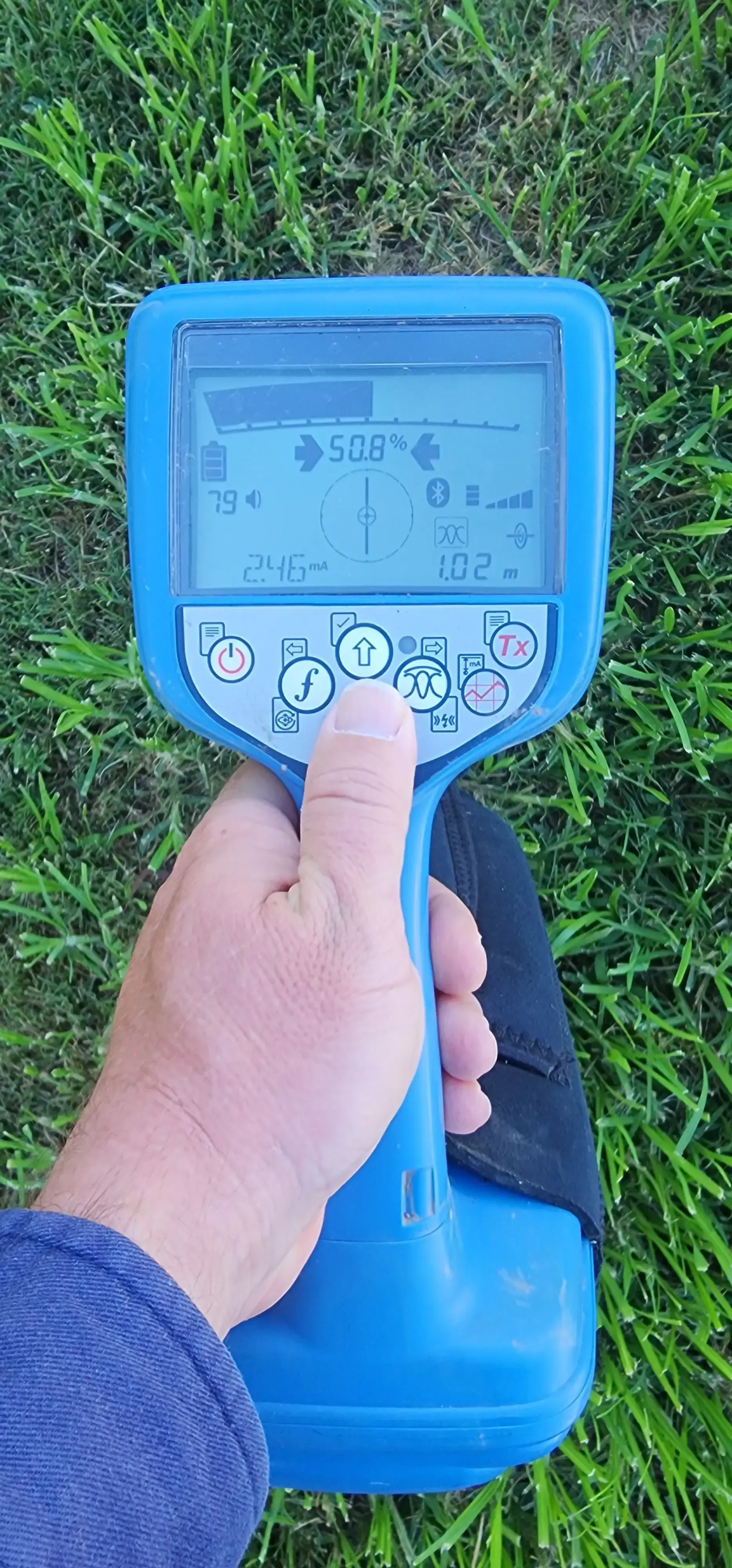 A person holding a blue metal detector in green grass, pressing a button. — Found It Down Under in Gympie, QLD