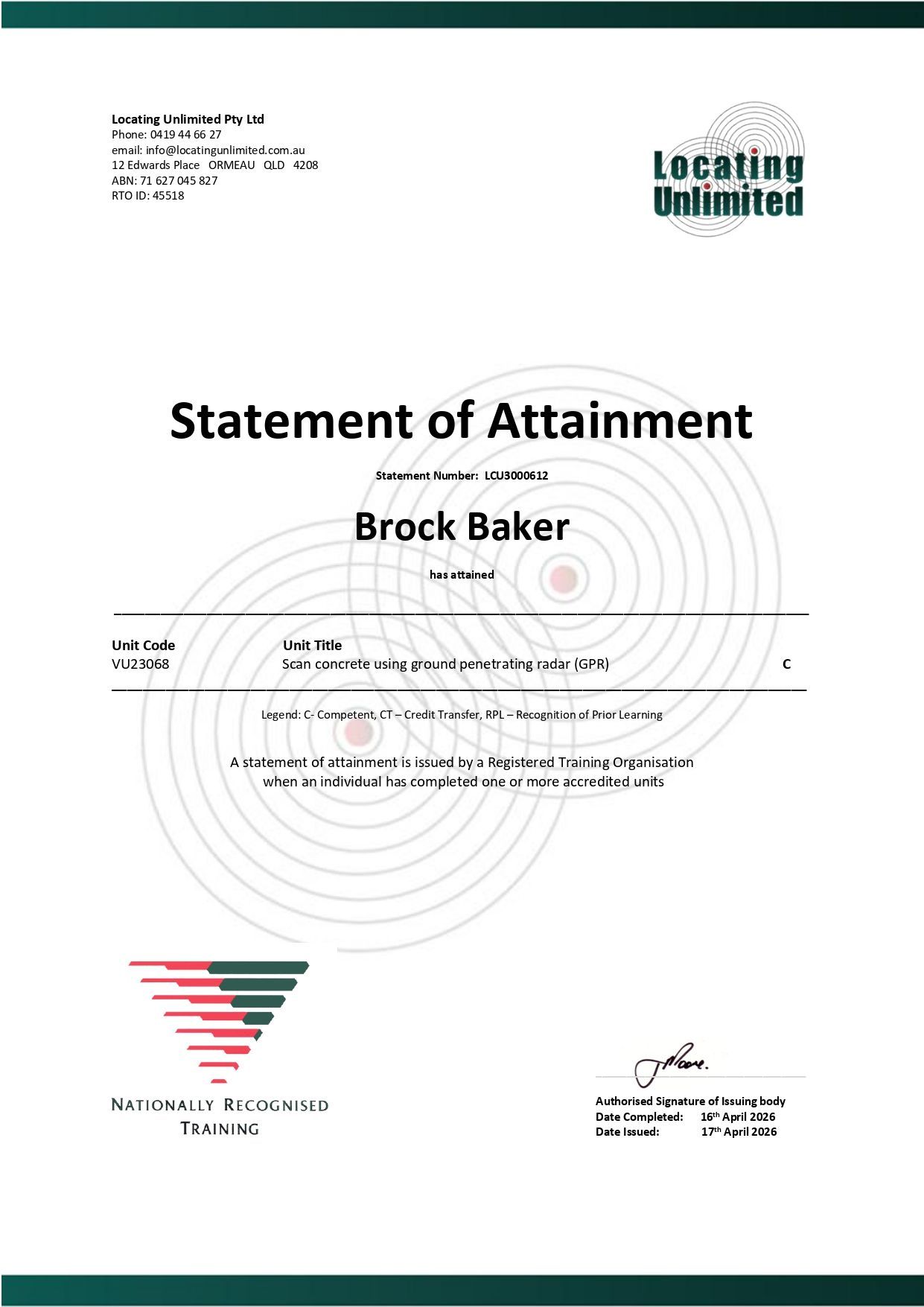 Certificate of Completion from Certloc Solutions awarded to Brock Baker for Pre-Excavation Management around Utilities. — Found It Down Under in Gympie, QLD