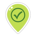 Green location pin with a green checkmark inside a circle.