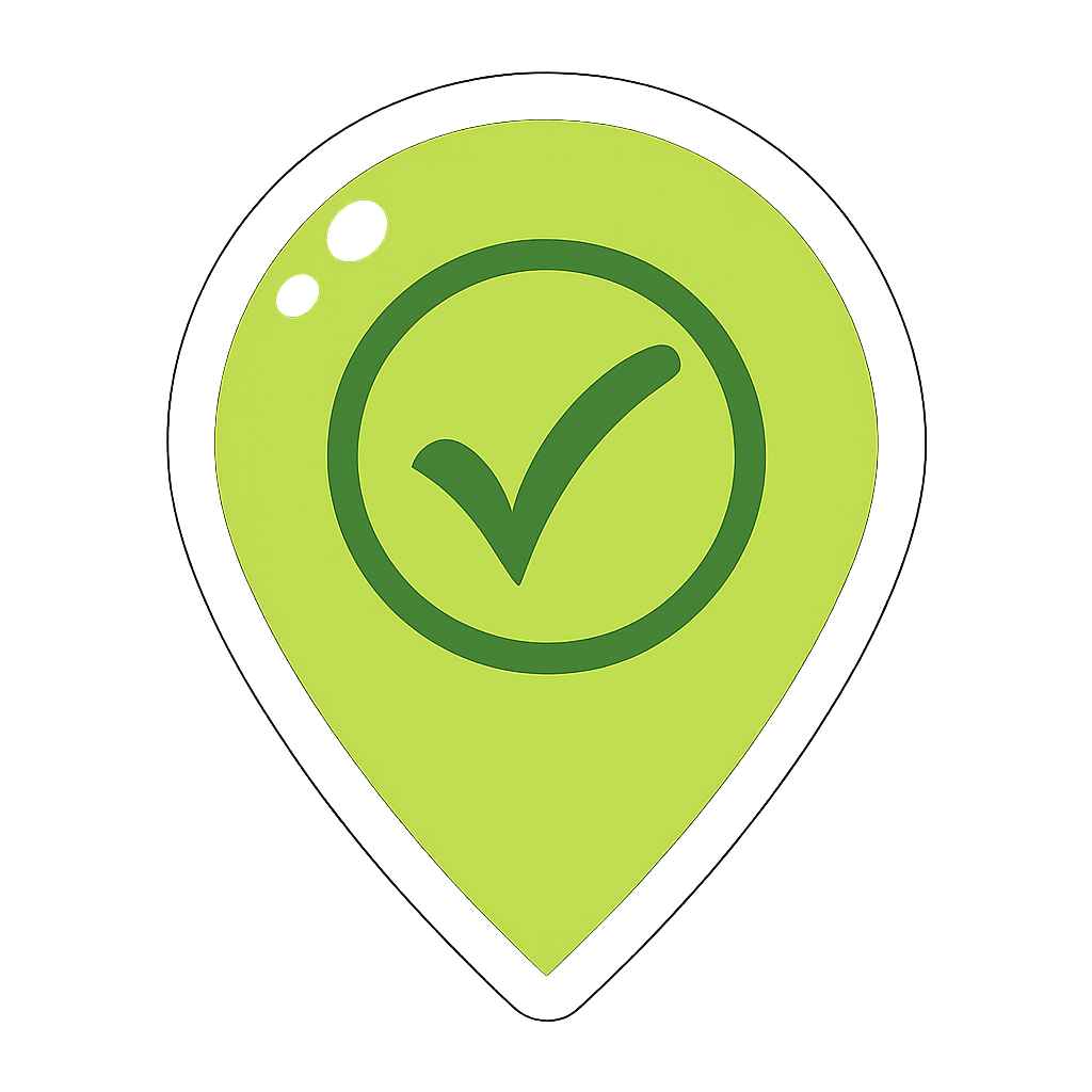 Green location pin with a green checkmark inside a circle.