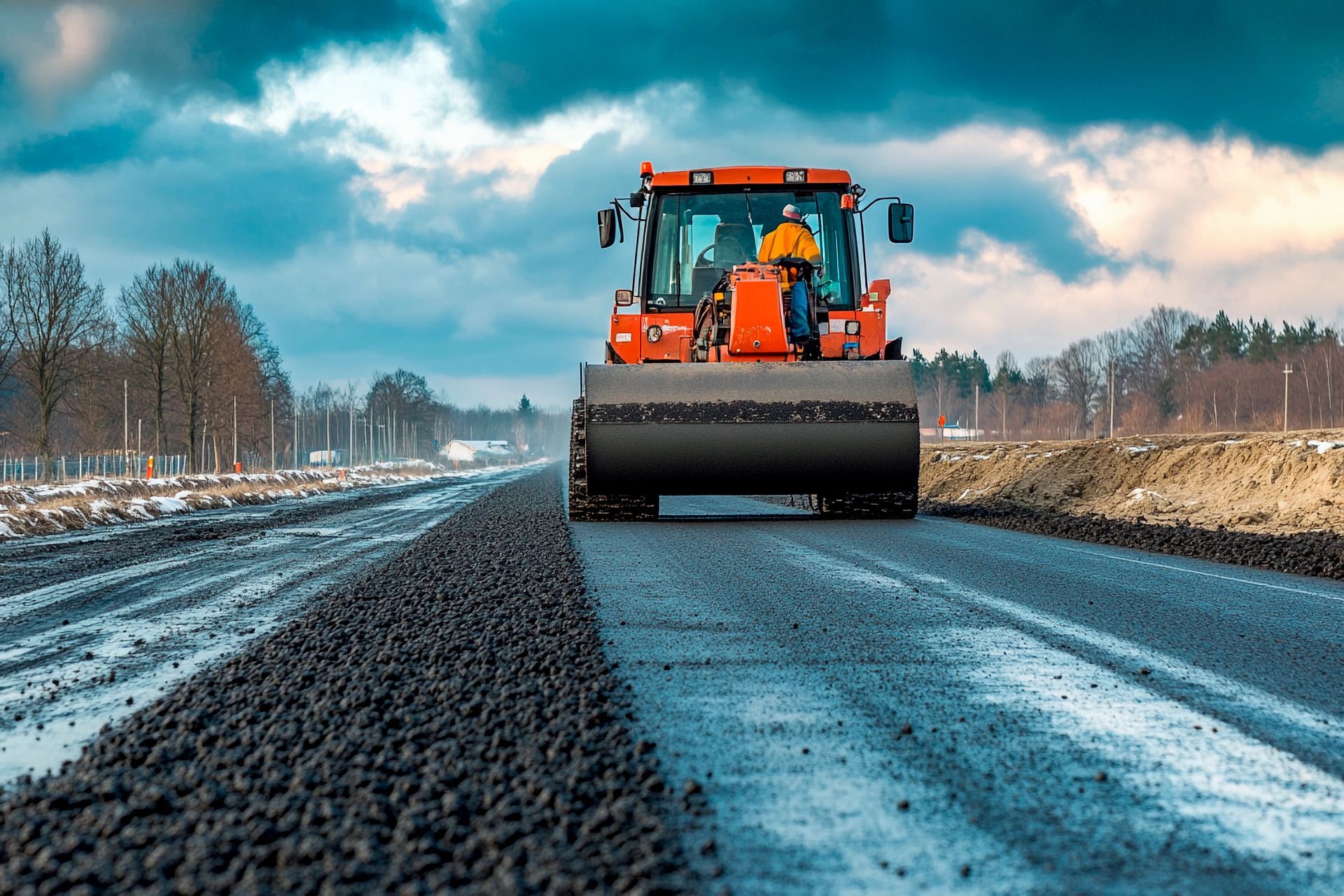 Road roller compacting asphalt on a newly paved road under cloudy sky. Road roller compacting asphalt on a newly paved road under cloudy sky.