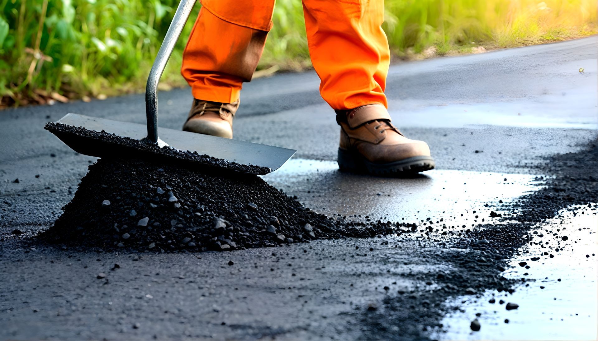 Worker spreading asphalt on a road with a shovel during pavement repair.