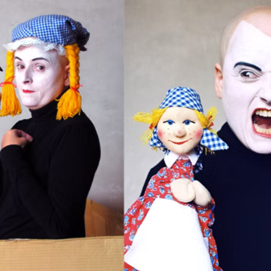 Ein Stern mit einem Gesicht darauf ist auf der Spitze eines Weihnachtsbaumes