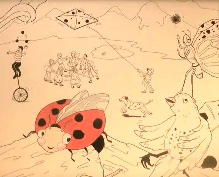 Eine Schwarz-Weiß-Zeichnung eines Marienkäfers, der einen Drachen steigen lässt