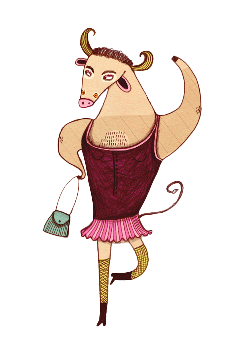 Eine Zeichnung eines Monsters mit Hörnern und einem rosa Hemd
