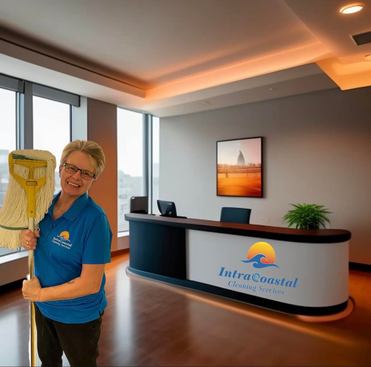 Woman in a blue shirt holds a mop in a cleaned office, smiling near the reception desk. Woman in a blue shirt holds a mop in a cleaned office, smiling near the reception desk.