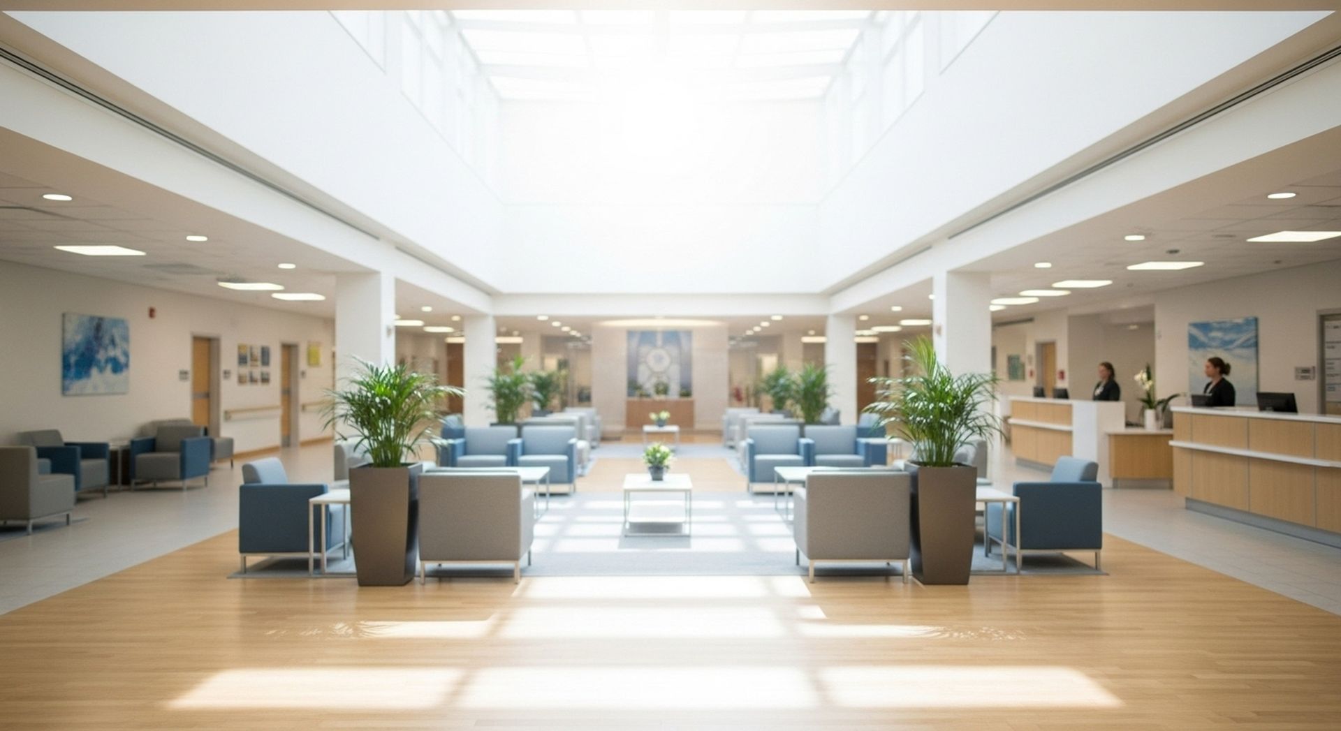 Bright hospital lobby with seating, reception desks, and potted plants.