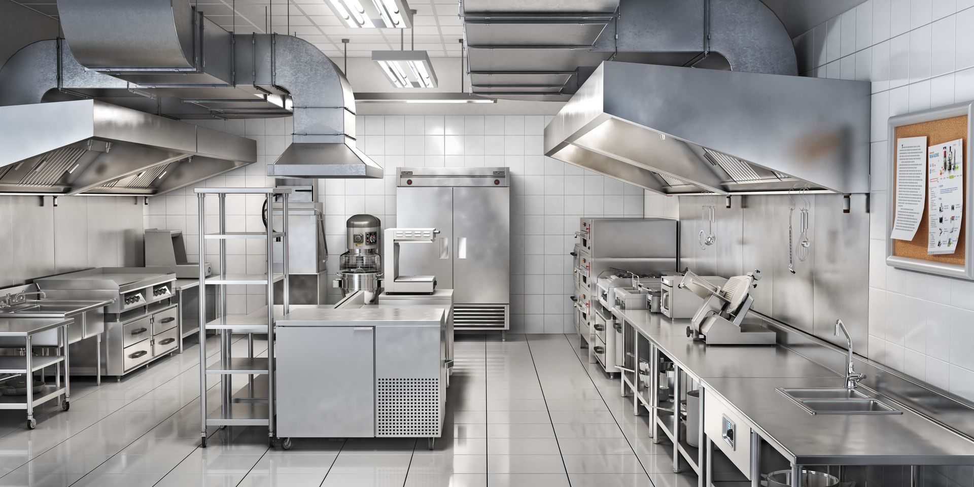 Commercial kitchen with stainless steel appliances, ventilation hoods, and tiled walls. Commercial kitchen with stainless steel appliances, ventilation hoods, and tiled walls.