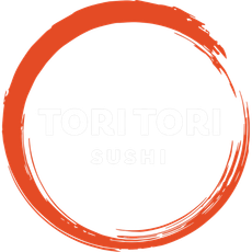 Orange brushstroke circle logo with faint “TORI TORI SUSHI” text in the center