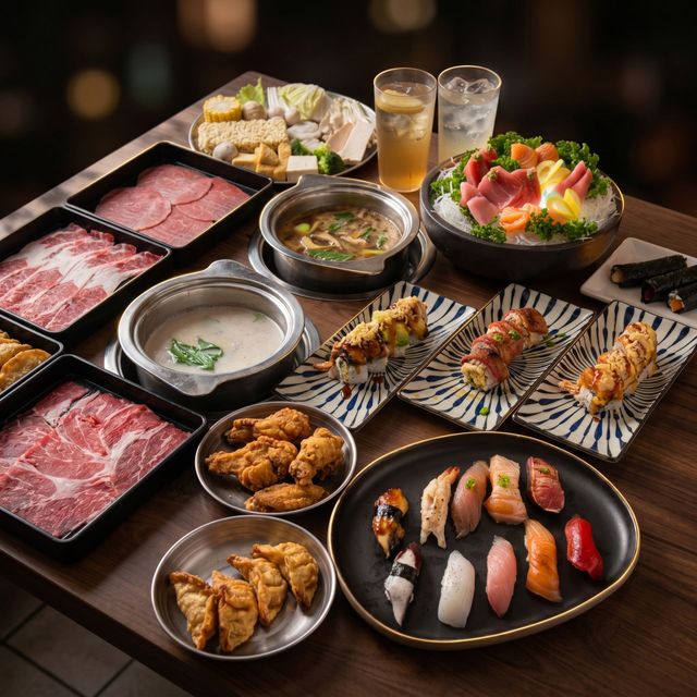 Assorted Japanese dishes and drinks on a wooden table, including sushi, grilled skewers, beef slices, and salad.