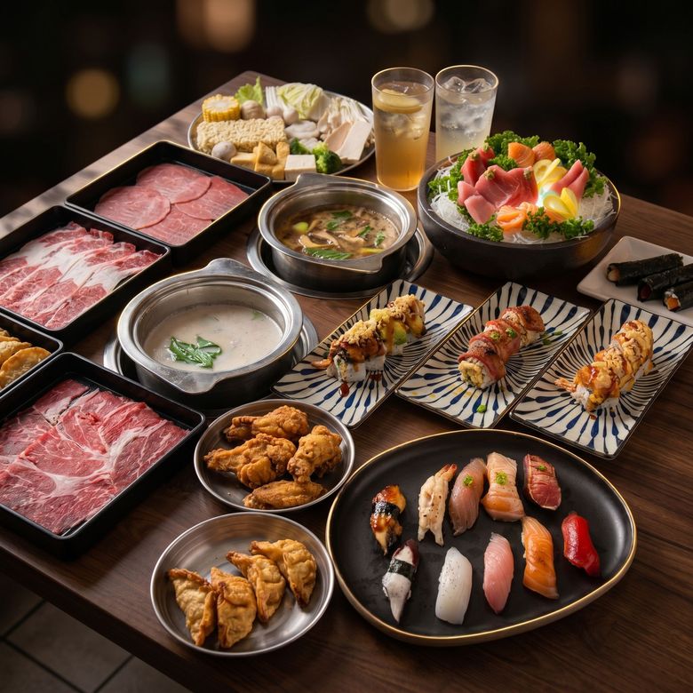 Assorted Japanese dishes and drinks on a wooden table, including sushi, grilled skewers, beef slices, and salad.