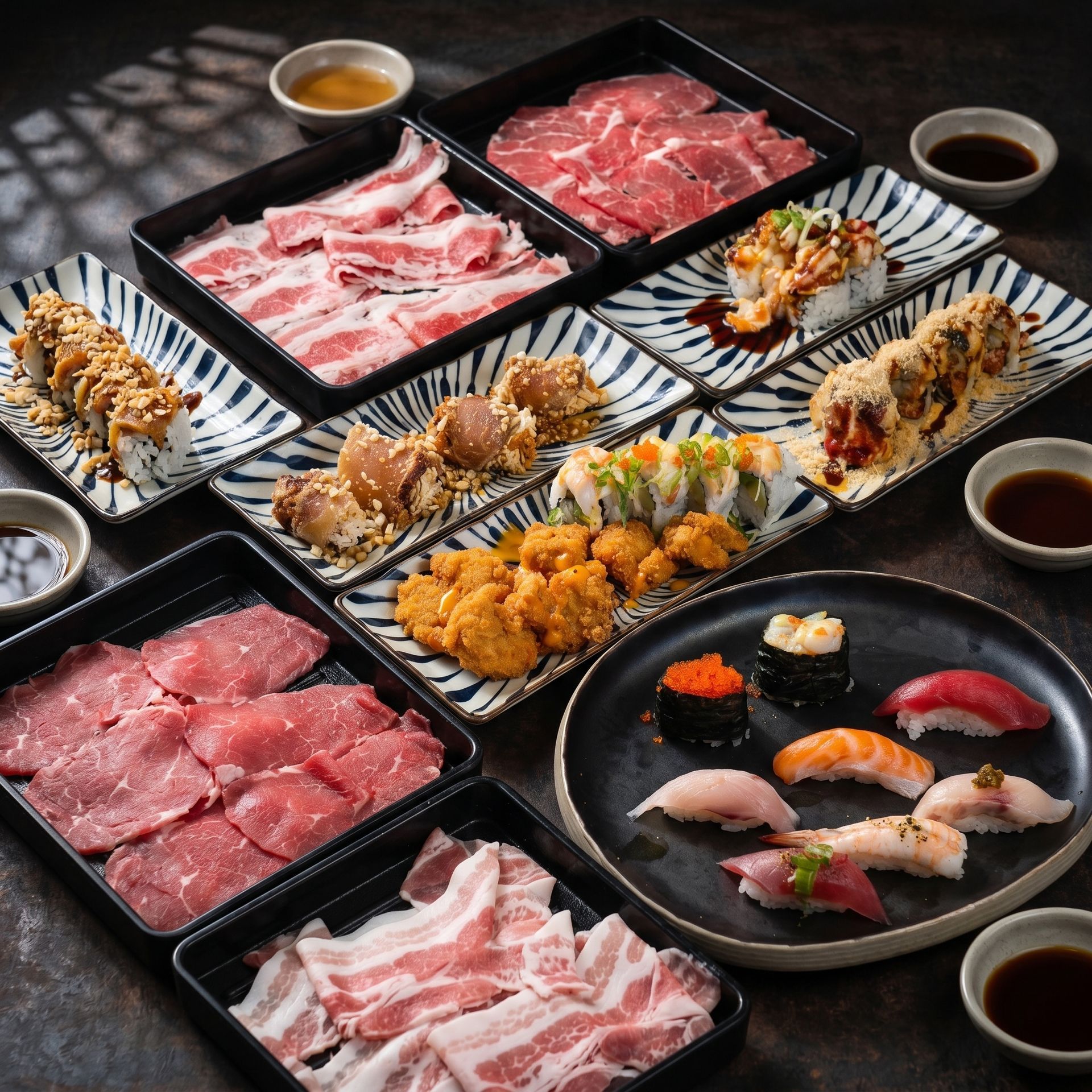 Assorted Japanese barbecue and sushi on black platters with dipping sauces on a dark table