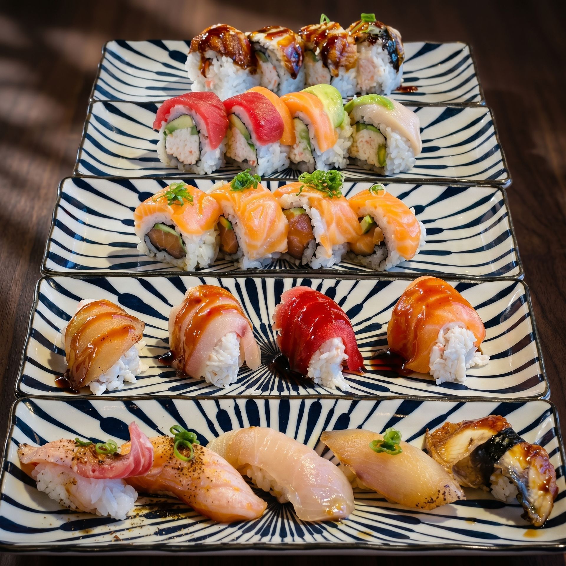 Assorted sushi rolls and nigiri neatly arranged on patterned rectangular plates