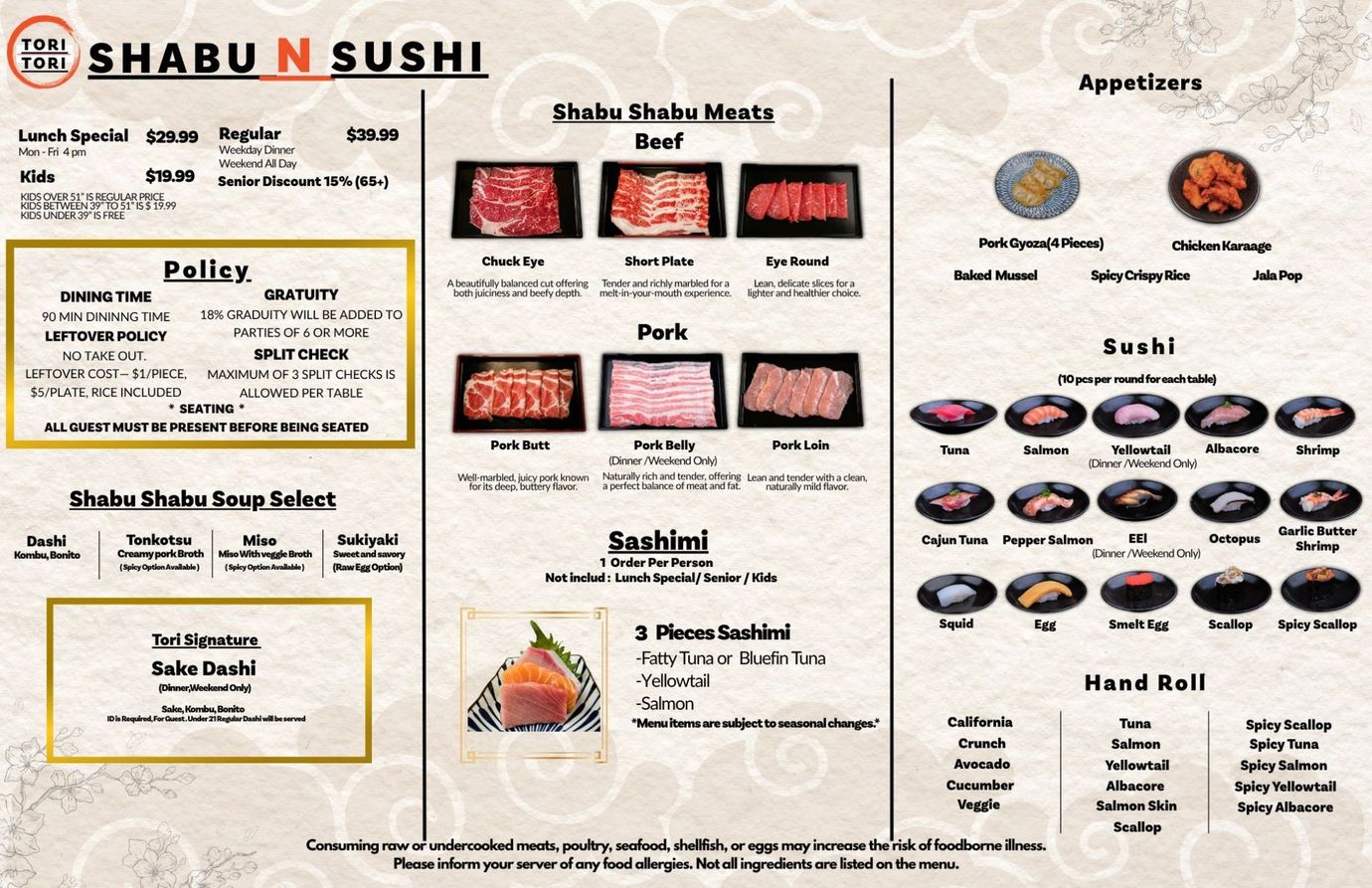 Shabu N Sushi menu with sushi, bento, rice bowls, sides, and prices on a beige background.
